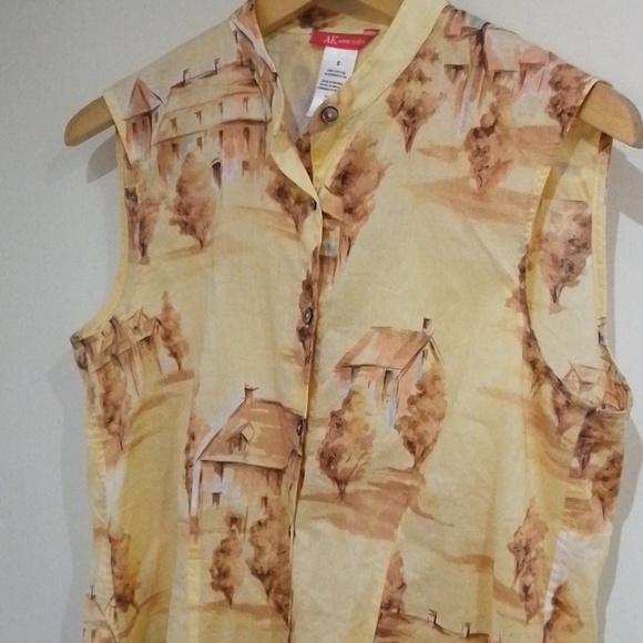 C1💐Anne Klein 6 sleeveless sheer house/tree pattern top - Picture 5 of 8